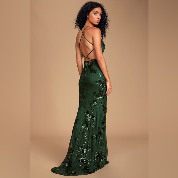 Lulu’s Valhalla Forest Green Sequin Lace-Up Maxi Dress Size Large - Picture 4 of 16